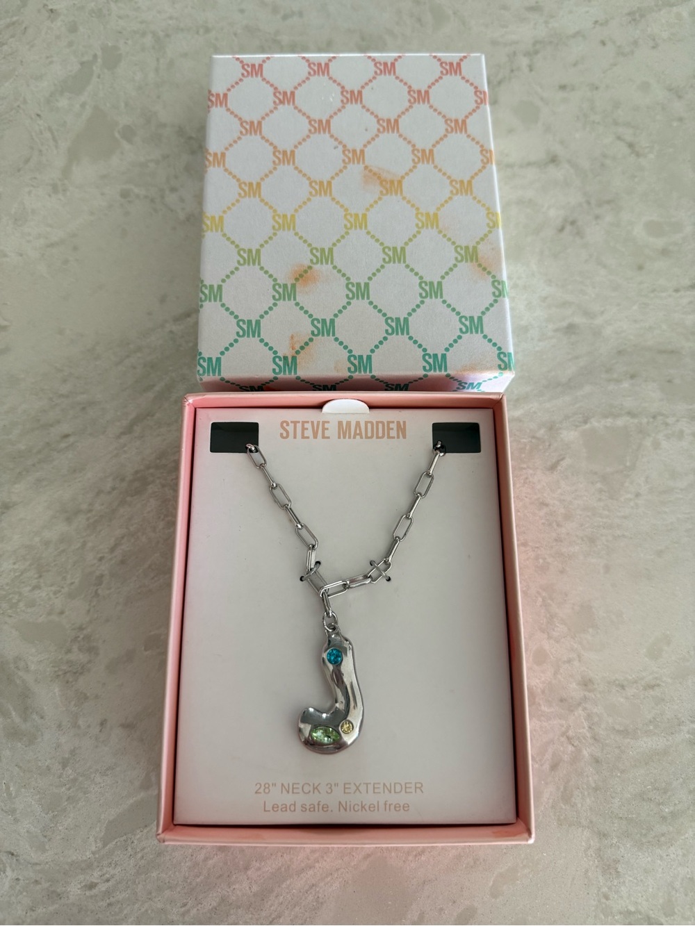 NWT Steve Madden Silver Tone Paperclip Chain Initial J Pendant Necklace Crystal